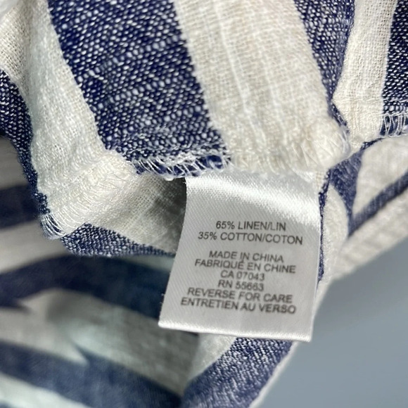 KENAR Linen Blend Striped Mini Dress Blue Oatmeal Cutouts Pockets Coastal Size M - Picture 8 of 11